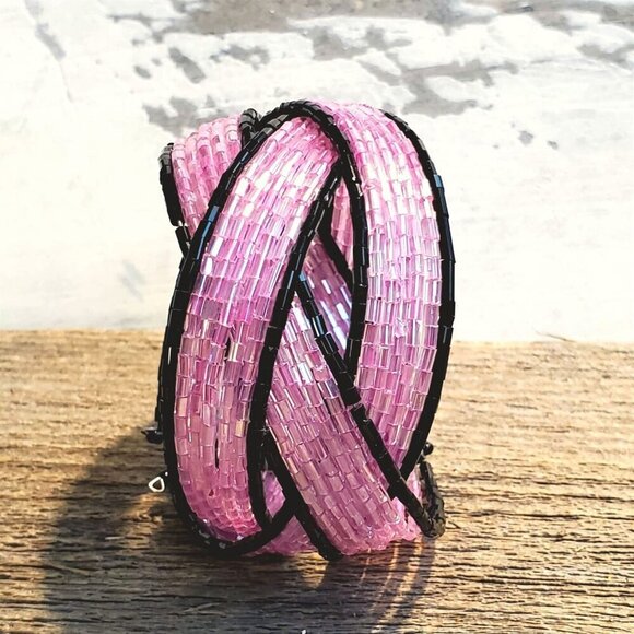 Pink Black Vintage Y2K 90s Striped Pretzel Memory Wire Cuff Bracelet Barbie Core - Picture 1 of 8